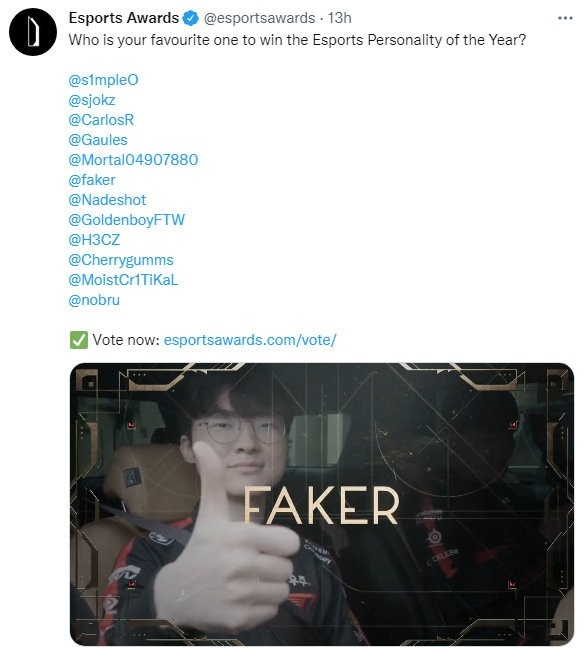 年度电子竞技奖项评选：Faker、G2老板Carlos获得提名