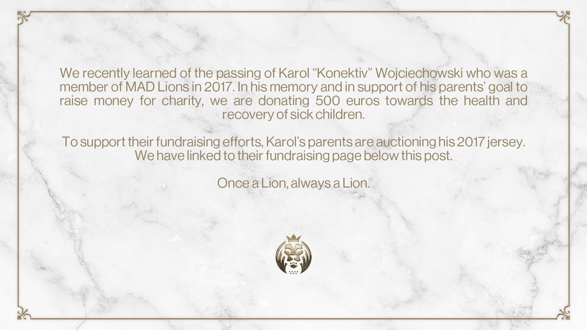 一时狮子，一世狮子！欧洲电竞战队MAD为离世的前选手筹集善款